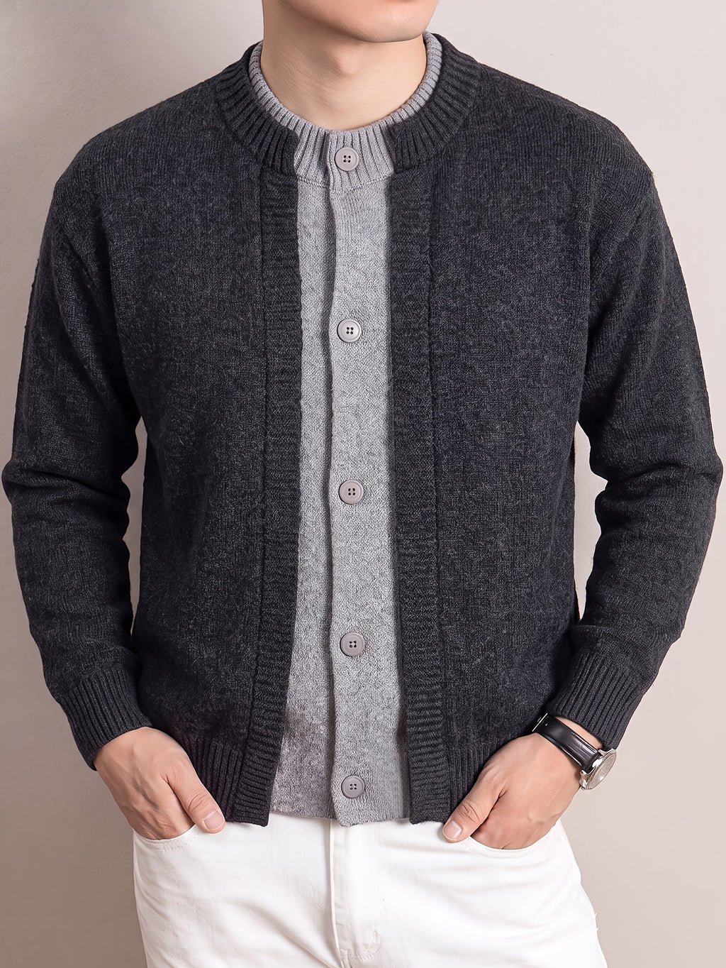 Men's Round Neck Knit Cardigan, Thickened Autumn/Winter Casual Sweater Outerwear, Simple Single-Breasted Button-Up Cardigan - Deep Grey