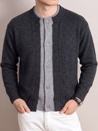 Men's Round Neck Knit Cardigan, Thickened Autumn/Winter Casual Sweater Outerwear, Simple Single-Breasted Button-Up Cardigan - Deep Grey