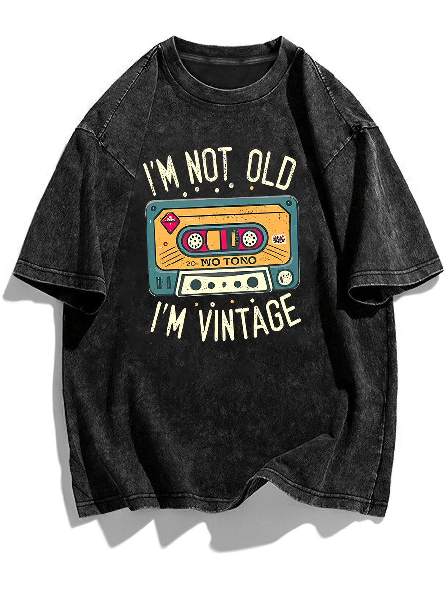 Plus Size, Retro Cassette Tape "I'm Not Old I'm Vintage" Print Women Washed T-Shirt - Black