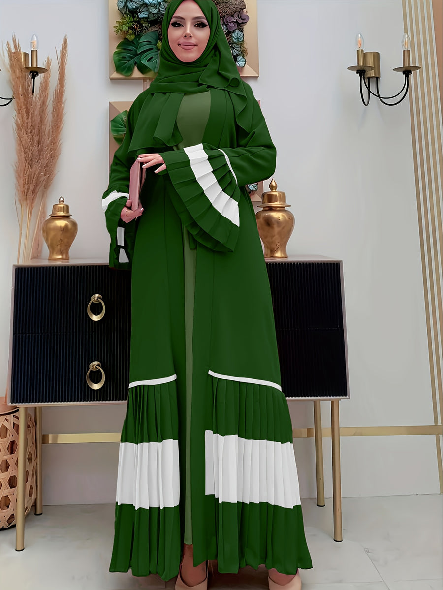 Ramadan 2025 Middle East Cross-border Women's Casual Color-block Pleated Muslim Abaya Open Cardigan - fern green
