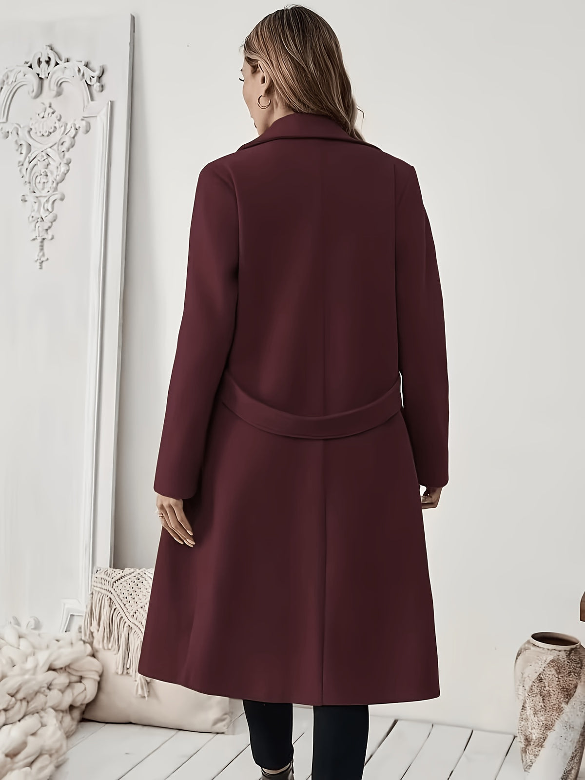 New Autumn/Winter Classic Notched Lapel Long Coat for Women, Waist-Cinching with Tie Belt and Two-Button Design, Over-the-Knee Outerwear, Elegant Commuter Style, Draped and Structured Long-Sleeve Coat with Side Pockets, Simple and Versatile, Slim Fit - Burgundy