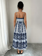 Sleeveless Waist-Cinching Loose Hem Long Dress, Women's Camisole Dress, Waist-Defining Vacation Beach Style Dress - Blue