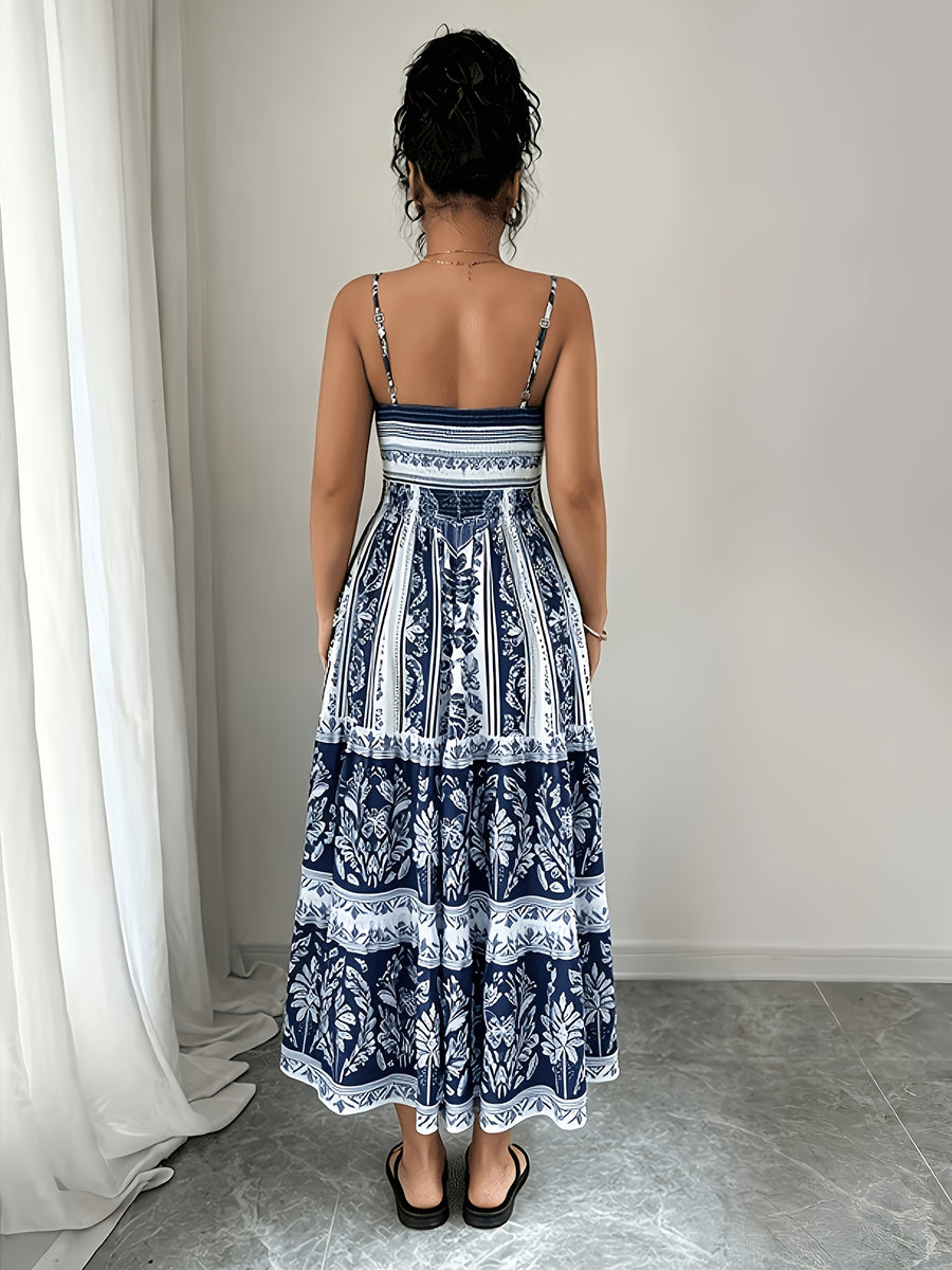 Sleeveless Waist-Cinching Loose Hem Long Dress, Women's Camisole Dress, Waist-Defining Vacation Beach Style Dress - Blue