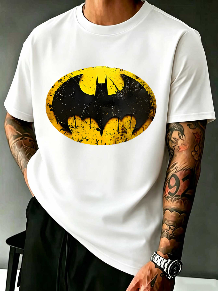 Warner Licensed DC Distressed Bat Symbol Embedded Gotham City Silhouette Print Loose Round Neck Short Sleeve T-Shirt - White