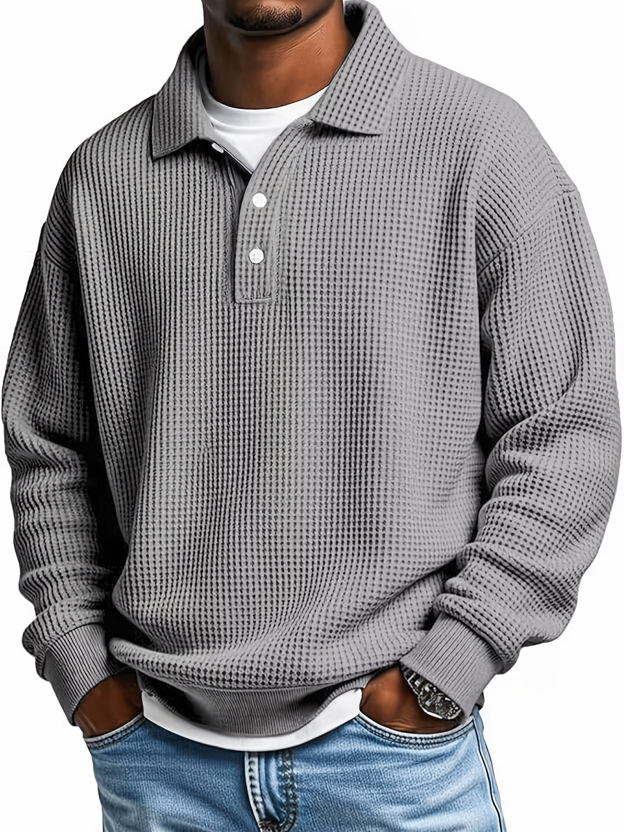 Men'S Waffle Checkered Color-Block Long Sleeve Collared Sweatshirt, Solid Color Patchwork Pullover, Traditional Casual Design with Outdoor Layering Long Sleeve, Suitable for Various Activities - Dark Gray
