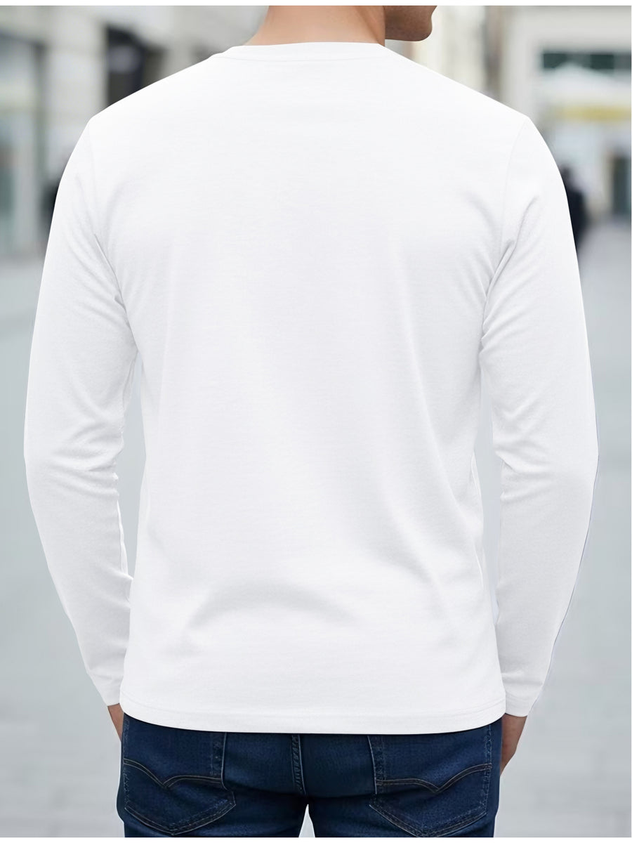 100% Cotton Men's Long-sleeve T-shirt, Pure Cotton Base Layer, Mountain Print Pattern, Suitable for All Seasons, Machine Washable - White