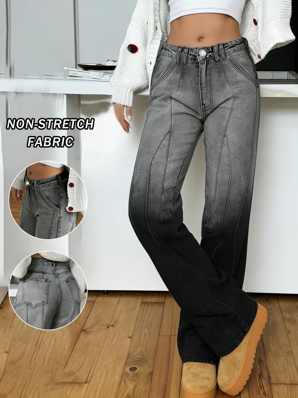 Women'S Gradient Gray Black Straight Leg Jeans, Seam Paneled Loose Denim Trousers, Vintage Washed Y2K Streetwear Denim Pants for Daily Wear - Black