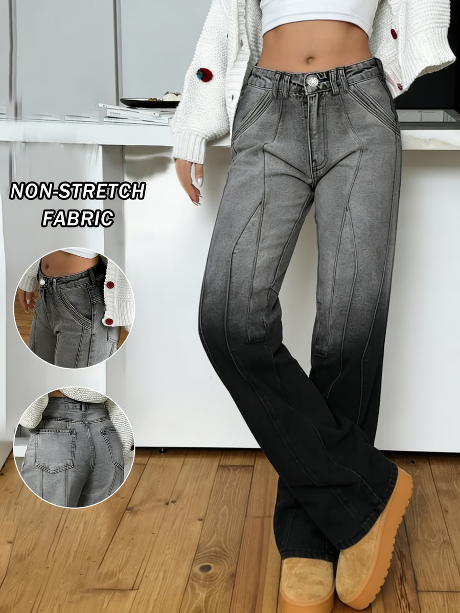 Women'S Gradient Gray Black Straight Leg Jeans, Seam Paneled Loose Denim Trousers, Vintage Washed Y2K Streetwear Denim Pants for Daily Wear - Black