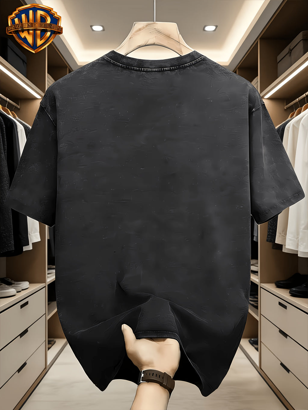 Warner Genuine Superman Hand-Painted Lines S Mark Washed to Make Old Short-Sleeve Men'S Wear, Retro Round Neck T-Shirt, Soft And Breathable, Machine Washable, Men'S Daily Casual Shirt - Black