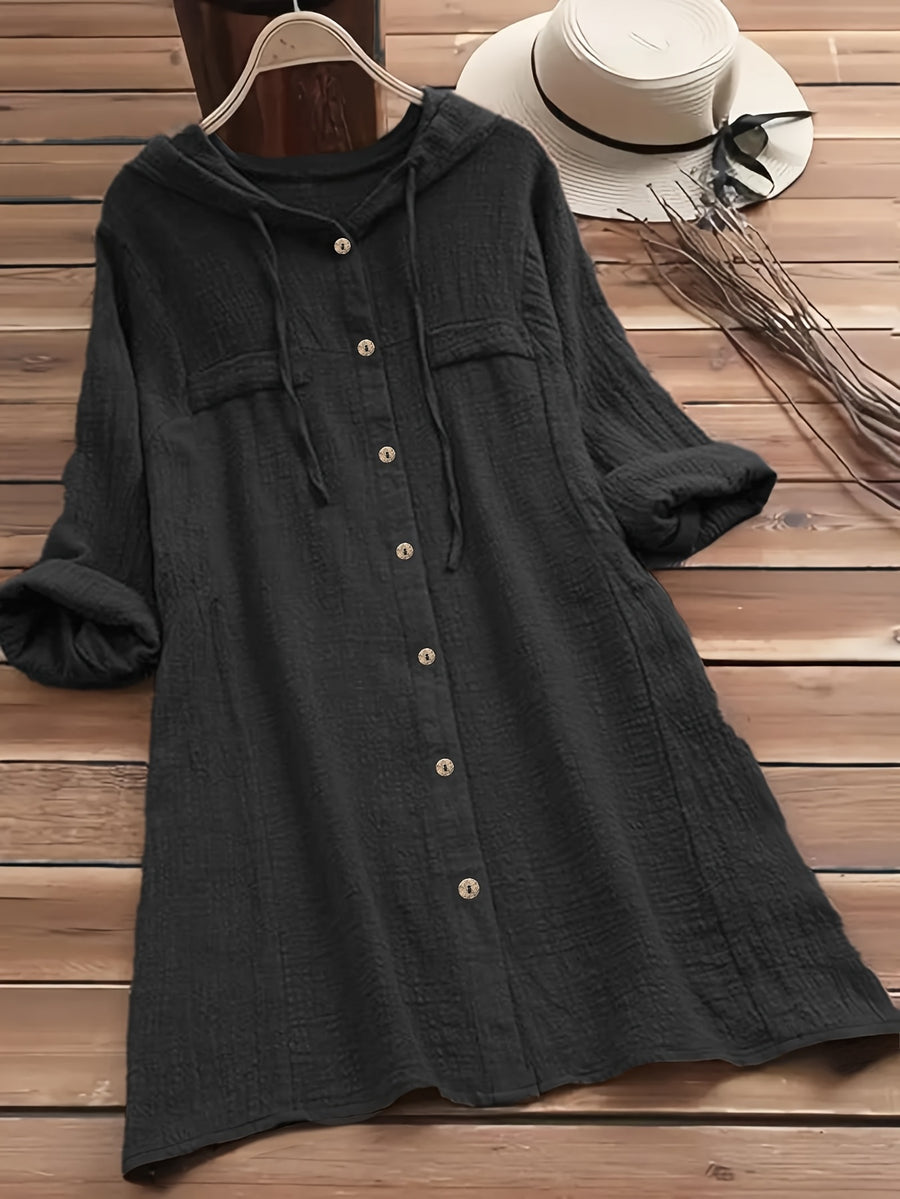 Women's Elegant Solid Color Full- Button- Shirt Jacket with Hood - Long Sleeve Blouse for Casual & Professional Wear, Machine Washable, All-Season Regular Fit Outerwear - Black