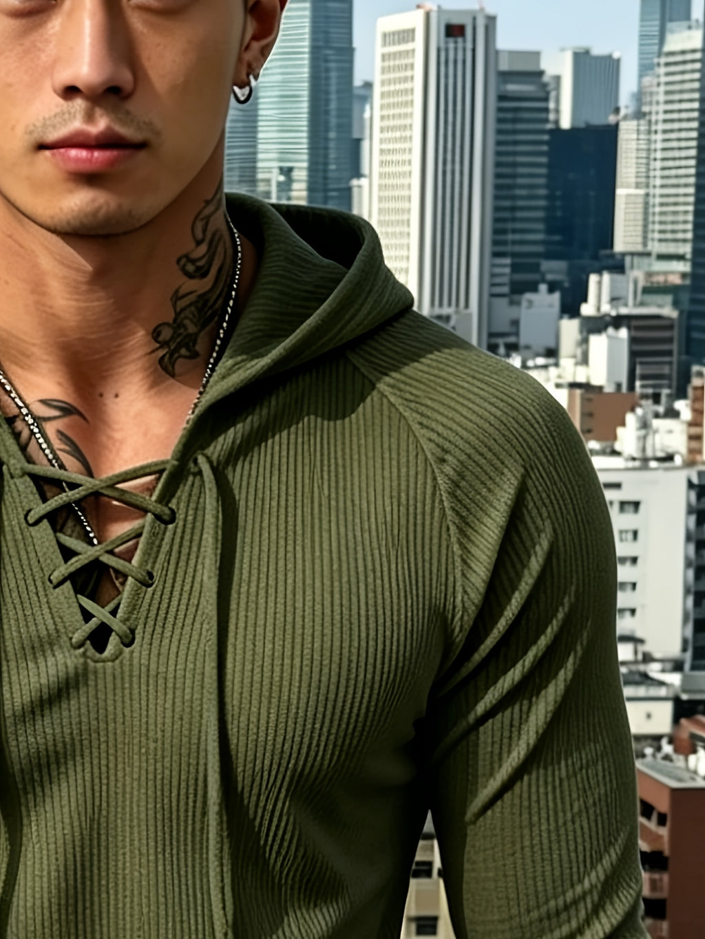 [Josh Mei OBM] Sexy Men'S Nightclub Style Deep V-Neck Lace-Up Hooded Top, Slimming And Flattering, Date Party Statement Piece, Bad Boy Style - Olive Green