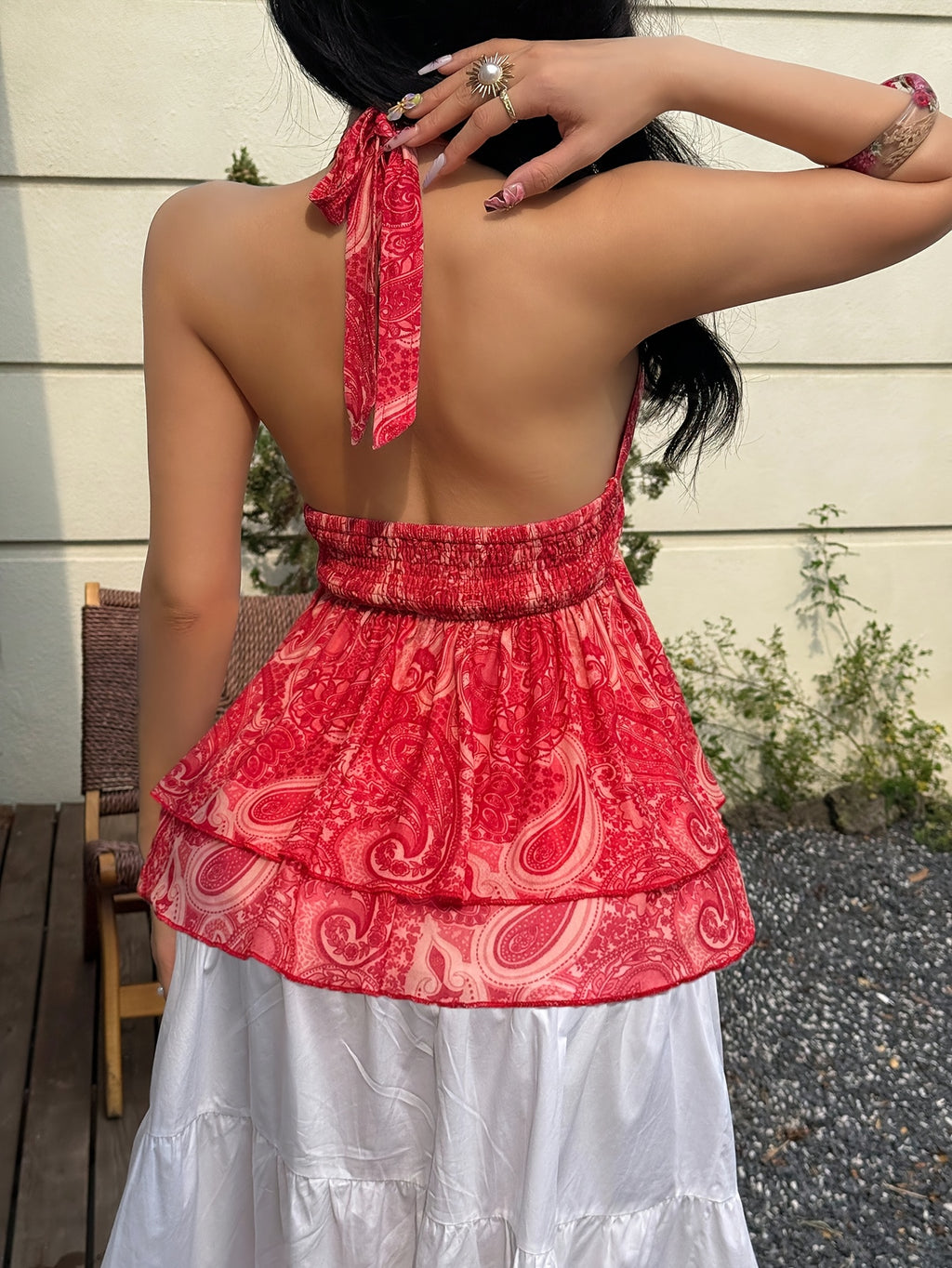 Women's Summer Vacation Casual Mesh Paisley Print Tie-Back Halter Neck Bow Vest - Scarlet red