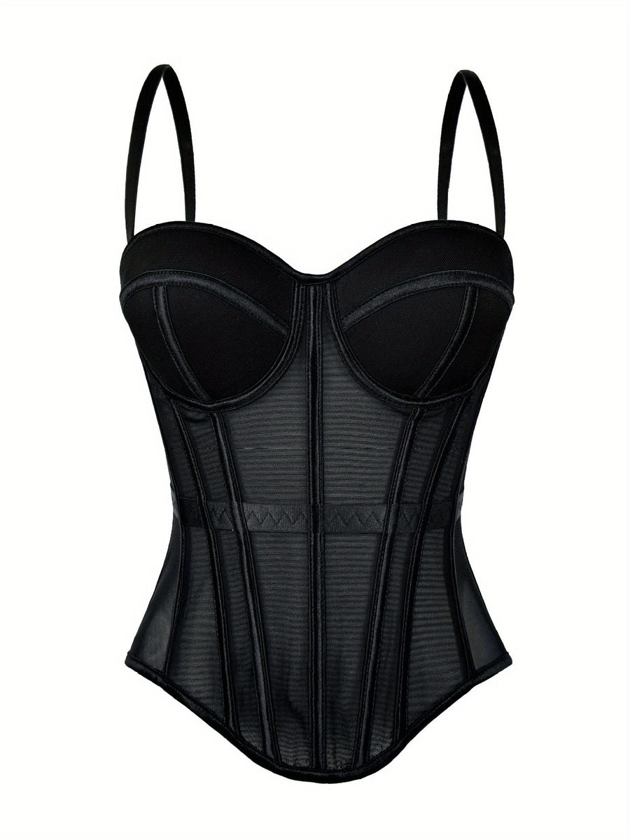 Elegant Mesh Sheer Fishbone Bustier, Tummy Control Shapewear Outerwear Elegant Tight Camisole Top, Stage Performance Strappy Top, Women'S Clothing - Black