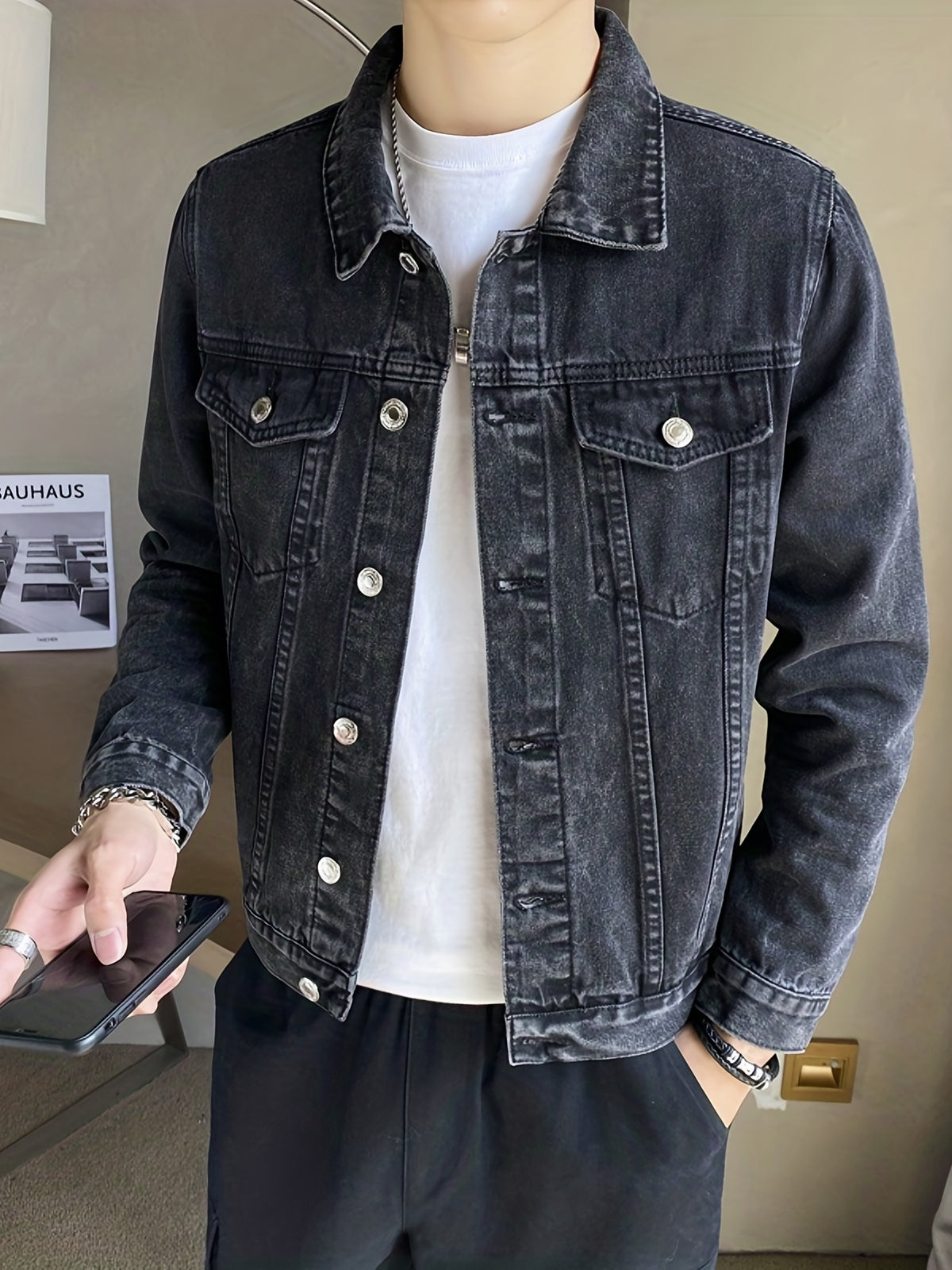 Men's Denim Jacket, New Spring/Autumn Collection, Black/Gray, Long Sleeve, Lapel Collar, Youth Regular Fit, Fashionable and Trendy High-End Brand Top Jacket, Street Style - Dark Gray