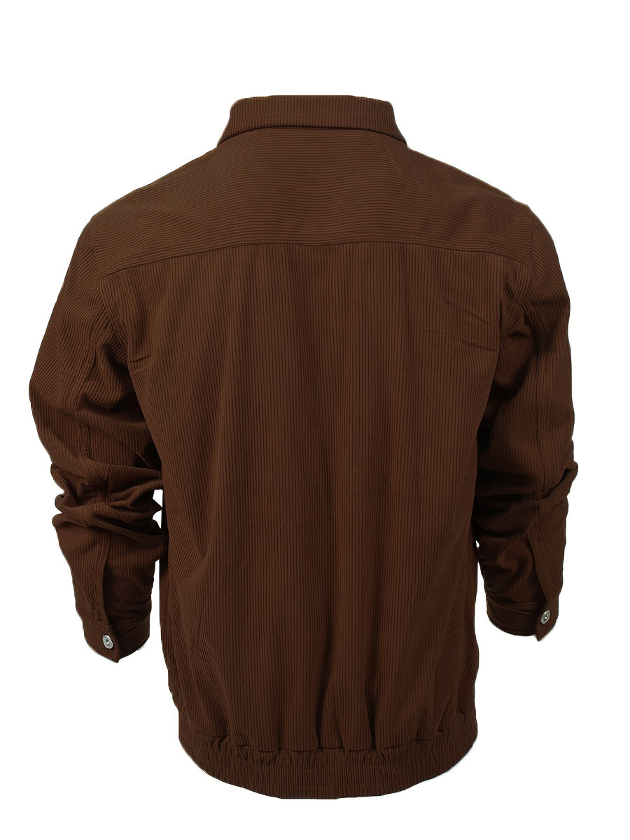 Men's Casual Long Sleeve Shirt Autumn Winter Solid Color Corduroy Zip-Up Jacket Vintage Style Top - Coffee Color