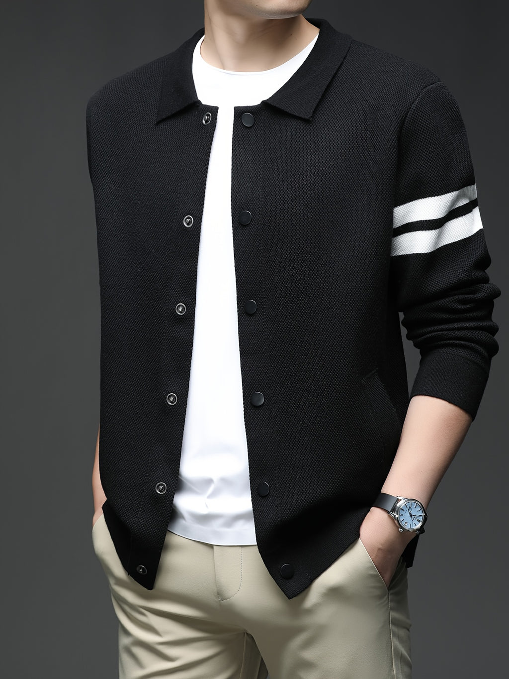 Star Dense Autumn-Winter Men's Striped Buttoned Open Front Long Sleeve Casual Turn Collar Knitted Cardigan, Mens Sleeveless Cardigans, Open Front Cardigan for Men, Cardigan, Men Plus Size Cardigan, Plus Size Mens Cardigan, Winter Wardrobe - Black