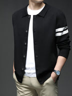 Star Dense Autumn-Winter Men's Striped Buttoned Open Front Long Sleeve Casual Turn Collar Knitted Cardigan, Mens Sleeveless Cardigans, Open Front Cardigan for Men, Cardigan, Men Plus Size Cardigan, Plus Size Mens Cardigan, Winter Wardrobe - Black