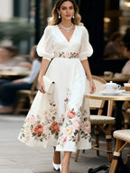 V-neck Waist-cinching Printed Maxi Dress - White