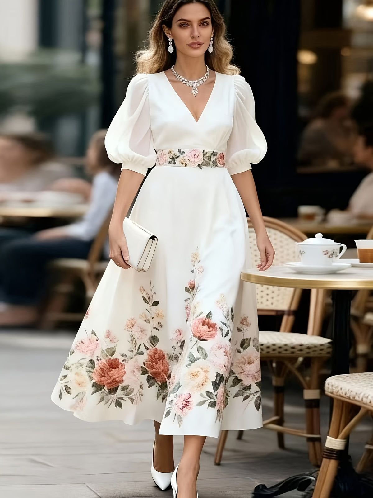 V-neck Waist-cinching Printed Maxi Dress - White