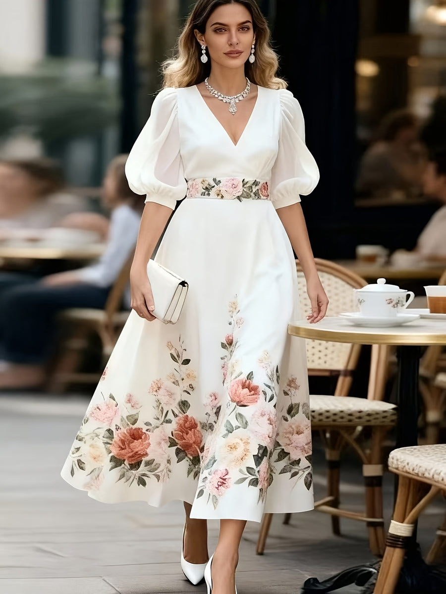 V-neck Waist-cinching Printed Maxi Dress - White