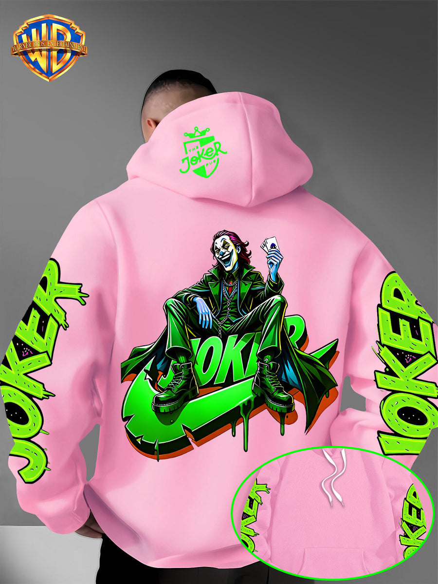 Warner Bros. American Trendy and Cool Hook, Hisley Jay Joker, JOKER Splashed Ink Graffiti Print Hooded Sweatshirt, with Adjustable Drawstring, Comfortable and Warm, Fashionable and Versatile Men's Casual Sweatshirt - Pink Color