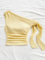 Sexy Asymmetrical Tie-Front Flowy Casual Slim-Fit Solid Color Women'S One-Shoulder Top for Spring And Autumn, Perfect for Parties, Vacations, Music Festivals, Bohemian Style, Holiday Dates, And Afternoon Tea - YTD Cherry - Yellow