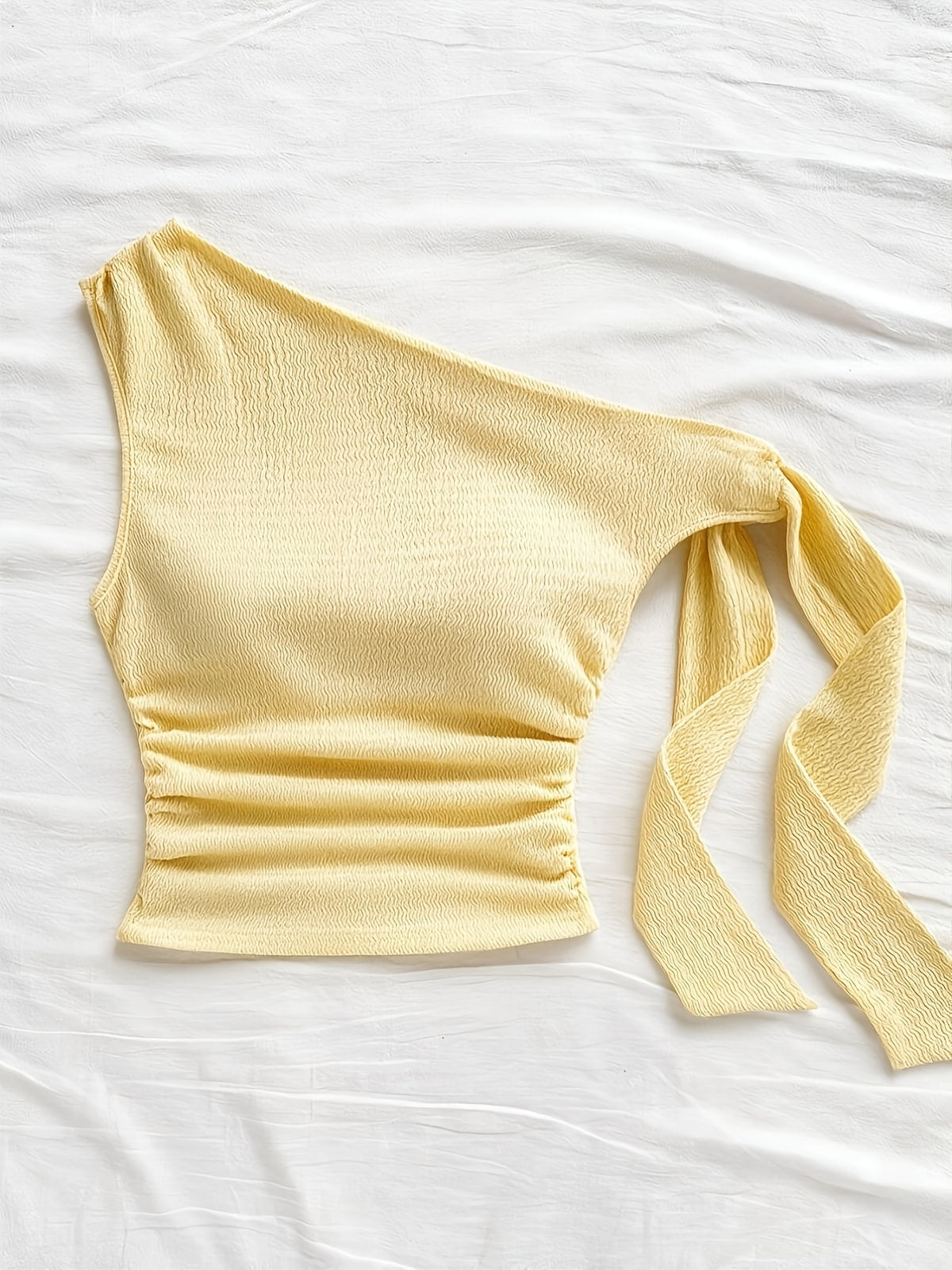 Sexy Asymmetrical Tie-Front Flowy Casual Slim-Fit Solid Color Women'S One-Shoulder Top for Spring And Autumn, Perfect for Parties, Vacations, Music Festivals, Bohemian Style, Holiday Dates, And Afternoon Tea - YTD Cherry - Yellow