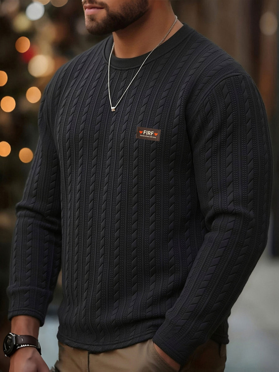 Men's Round Neck Fashionable Vintage Artistic Style Jacquard Knit Textured Fabric Autumn/Winter Long Sleeve Casual Outerwear Regular Fit Versatile Top for Dates, Gatherings, and Outings - Black