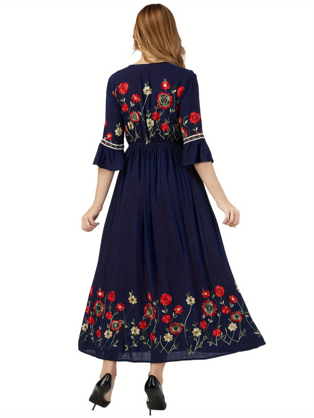 Bohemian Style Women'S Floral Embroidered Maxi Dress - V-Neck, 3/4 Sleeve, Elastic High Waist, Slight Flare Skirt, Ideal for Wedding Guests, Vacation, And Casual Wear - Navy blue color
