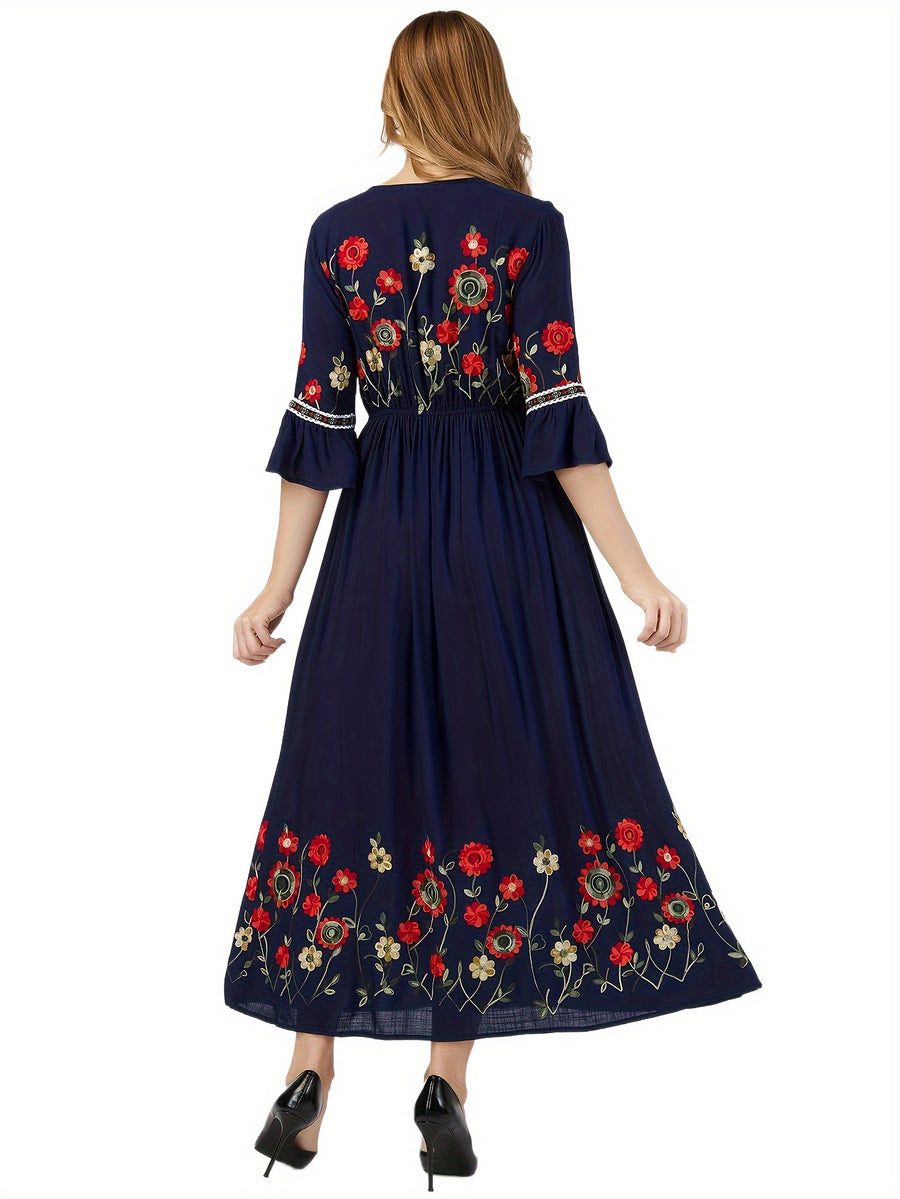 Bohemian Style Women'S Floral Embroidered Maxi Dress - V-Neck, 3/4 Sleeve, Elastic High Waist, Slight Flare Skirt, Ideal for Wedding Guests, Vacation, And Casual Wear - Navy blue color