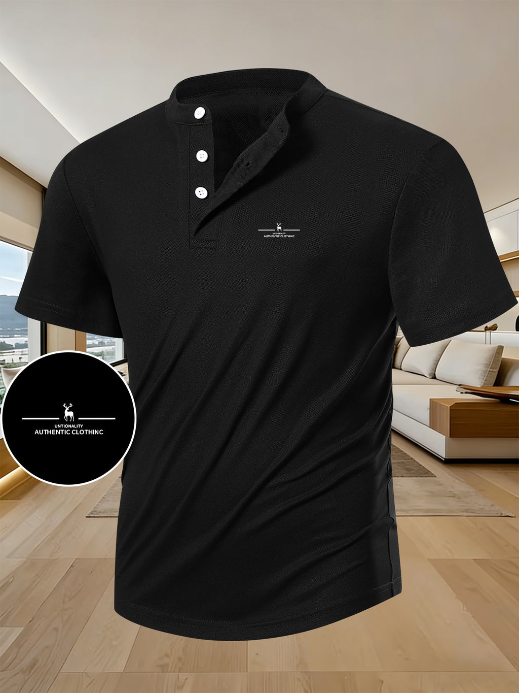 Men's Summer Short-Sleeve Henry (Button-Front Henry) T-Shirt - Breathable Stand Collar, Casual Button- Shirt for Outdoor & Casual Attire, Machine Washable Summer Clothing Suitable for Casual, Office & Semi-Formal Occasions - Black
