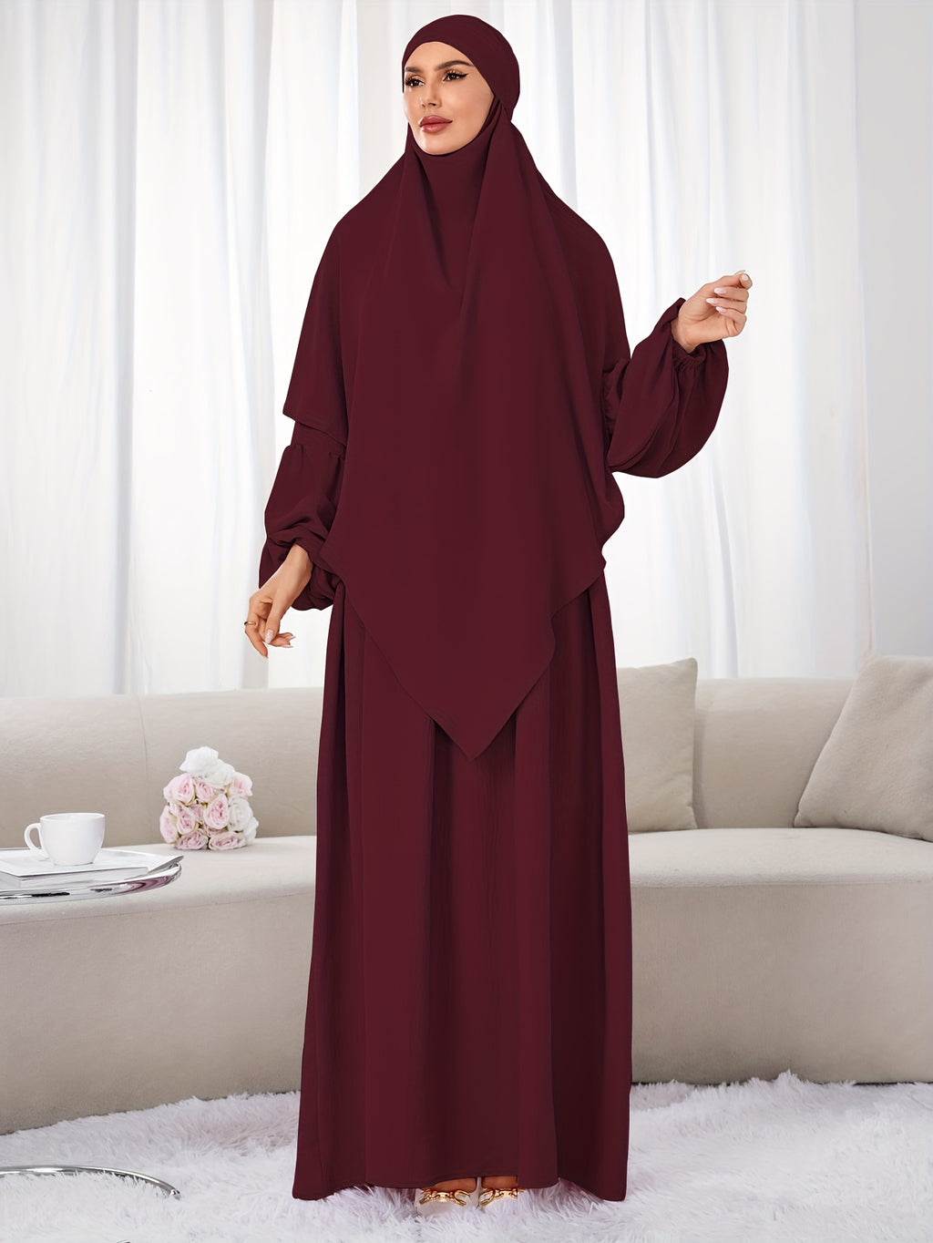 A Set (+Abaya) Fashionable And Elegant Muslim Dress, Elegant Cuff Drawstring, Comfortable And Casual Solid Color, Suitable for Outdoor Travel And Daily Wear. Loose Women'S Abaya Dress - Burgundy