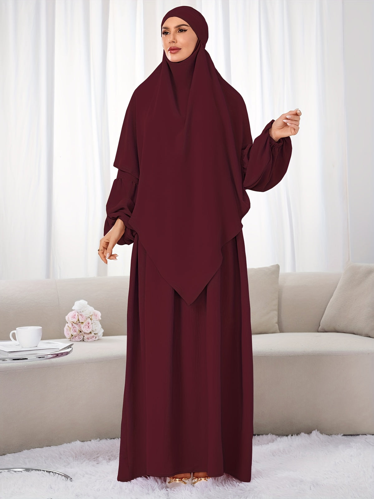 A Set (+Abaya) Fashionable And Elegant Muslim Dress, Elegant Cuff Drawstring, Comfortable And Casual Solid Color, Suitable for Outdoor Travel And Daily Wear. Loose Women'S Abaya Dress - Burgundy