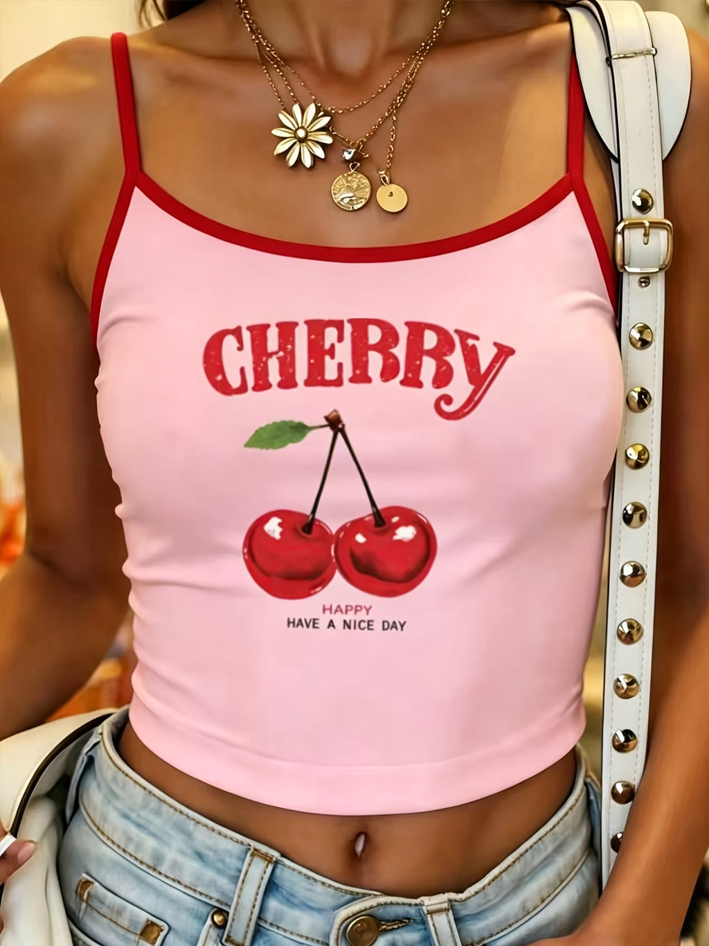 Women'S Tight Fruit Print Casual Camisole Tank Top, Summer Cami Top, Casual Vest, Vacation Vest, Casual Daily, Commute, Vacation Style, New Summer Styles - Pink