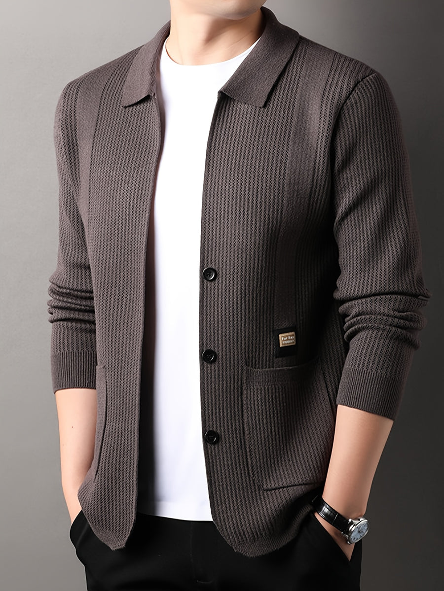 Men's Lapel Vertical Stripe Knit Cardigan Jacket, featuring a light business style with a mature and steady vibe, yet incorporating a sense of casualness. Flattering on all body types, suitable for men - SINBOS - Coffee Color