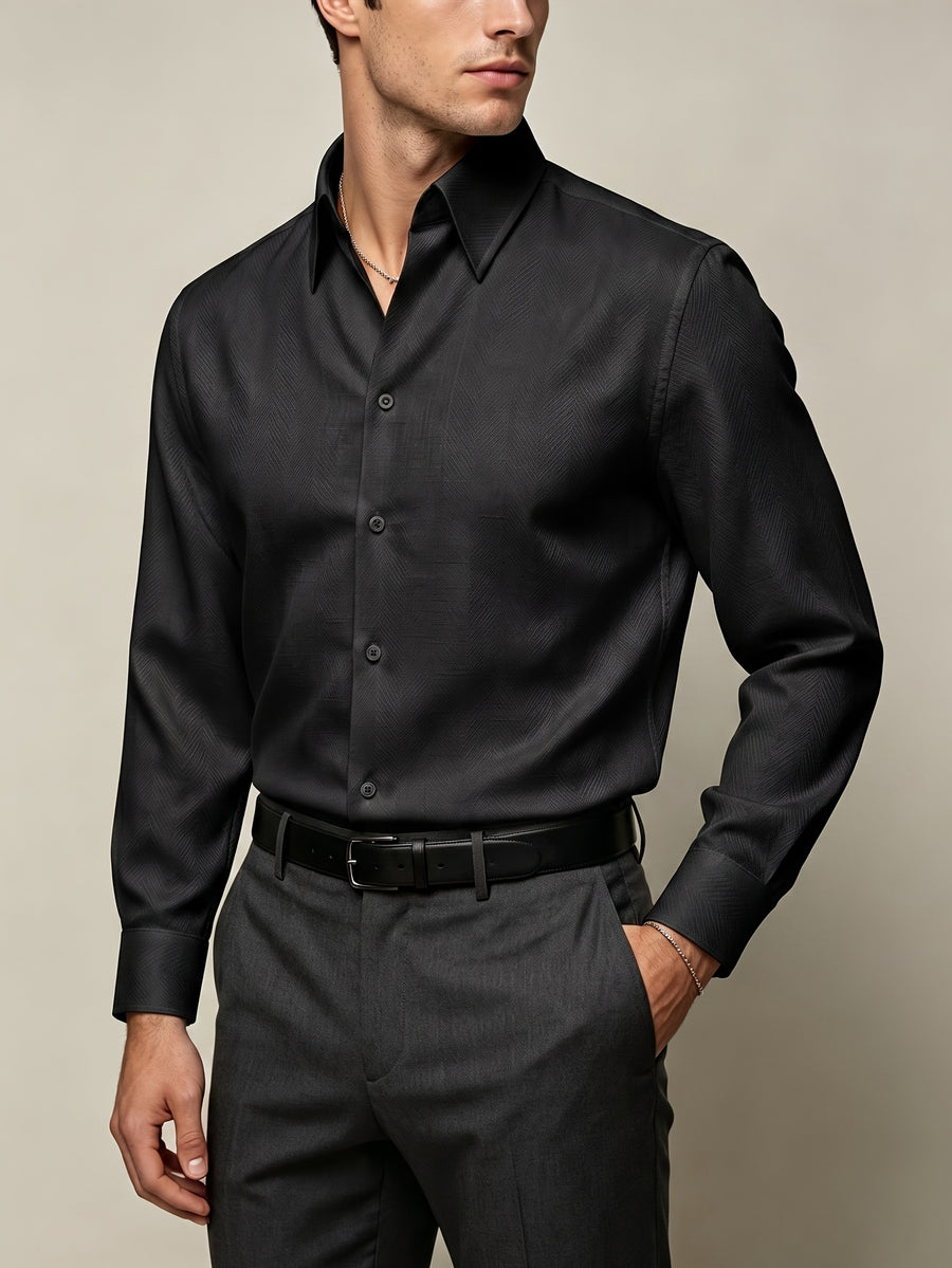 European and American Style Men's Long-Sleeve Shirt, High-End Feel, Casual Business, Wrinkle-Resistant, Single-Spread Collar Top, -Linen Texture, Formal Dress Shirt - Black