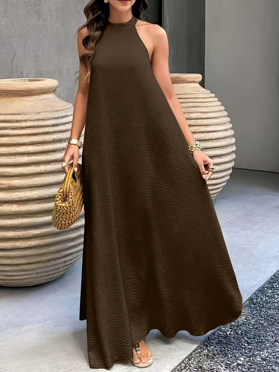 Ancient City Bohemian Style Dress, Vacation Style, Ribbed Neckline, Suitable for Spring Summer, Beach Dress, Women'S Long Summer Dress Clothing - Coffee Brown