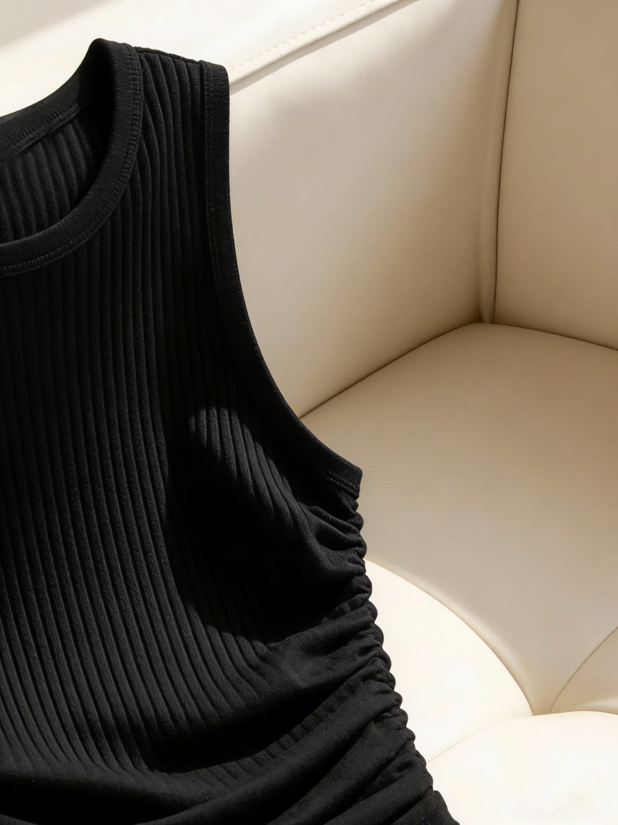 Women'S Metallic Decorative Ribbed Solid Elegant Sleeveless Top - Black