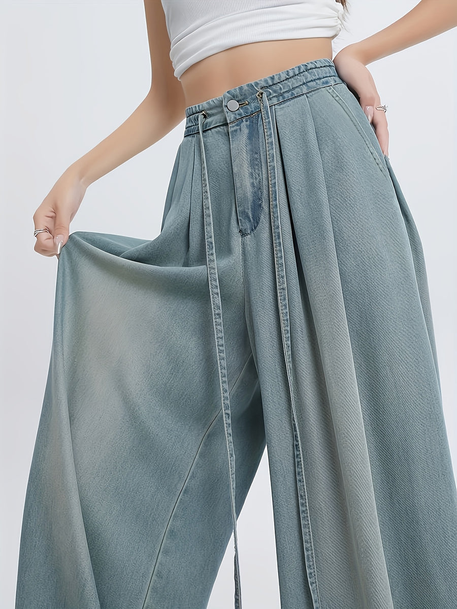 New Early Autumn Wide-Leg Jeans Thin Drape Wide-Leg Trousers Floor-Length Pants Fashionable All-Match Easy Semi-Elastic Waist Wide-Leg Trousers Spring Summer All-Season Style - Dark Blue 1