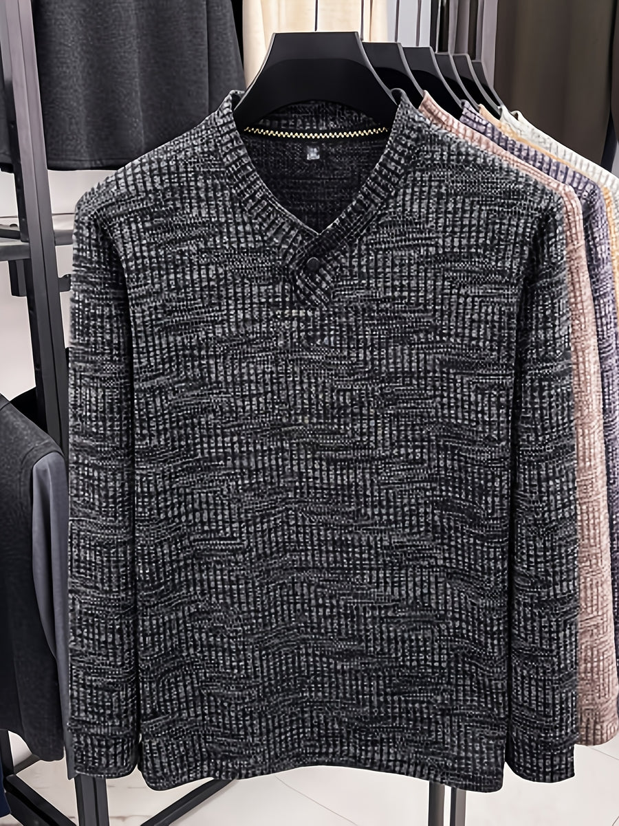 Men's Henley Collar Single-Button Long-Sleeve T-Shirt, Textured Jacquard Knit Top, Spring/Autumn Business Casual Daily Commute Base Layer Shirt - Black