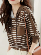 Spring/Autumn Women'S Casual Fashion Hooded Striped Top - Coffee Color