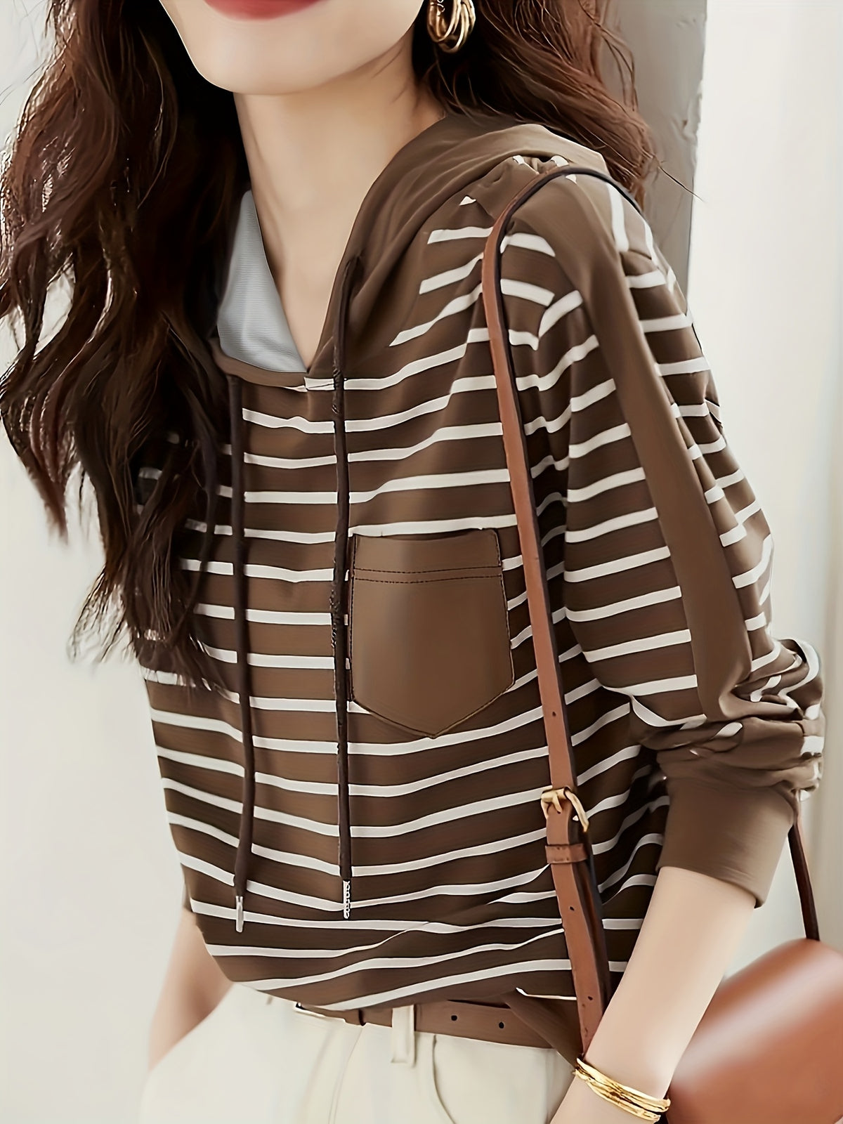 Spring/Autumn Women'S Casual Fashion Hooded Striped Top - Coffee Color