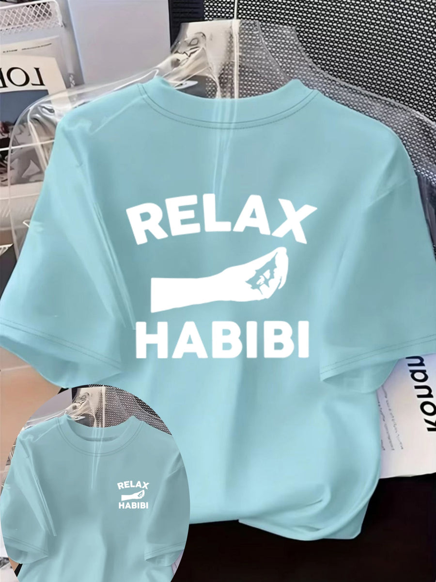 Front And Back Printed Women'S Fashion Base Print T-Shirt, Soft And Versatile, Casual Style Printed Pattern with RELAX HABIBI Lettering And Hand Gesture Design Printed Short Sleeve T-Shirt, Suitable for Casual Wear, Fashion All-Season Top - Sky Blue