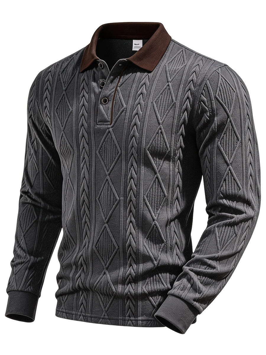 Men's Fashion Long-Sleeve POLO Shirt, Color-Blocked Lapel Jacquard Design T-Shirt, Essential Golf Polo Wear, Breathable, Warm, Skin-Friendly, and Comfortable, for Indoor Gatherings and Outdoor Sports, Casual Vacation Trendy Style - Grey