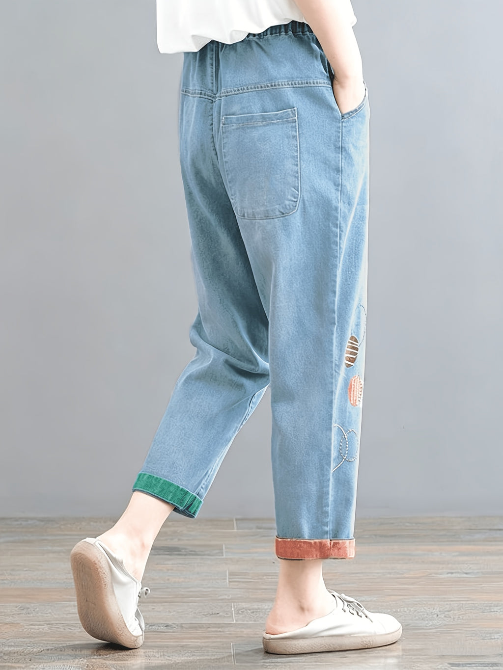 Korean Version Embroidered Women'S Jeans, New Spring And Autumn Distressed Nine-Point Pants, Cartoon Patch Fashionable Color-Blocking Harem Pants Trend - Blue (nine-pants)