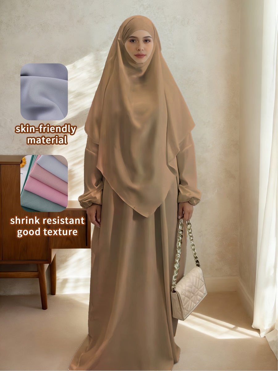 2pcs Easy Solid Abayas, Dignified Long-Sleeved Dresses, Asian Women'S Size Clothing, Elegant And Suitable for Gifting During Ramadan - Khaki
