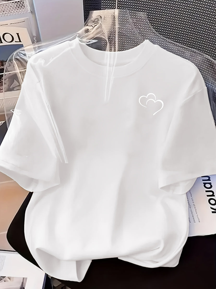 Fashion Print Round Neck Short Sleeve T-Shirt, Spring/Summer Casual Short Sleeve Top, Women's Clothing - White