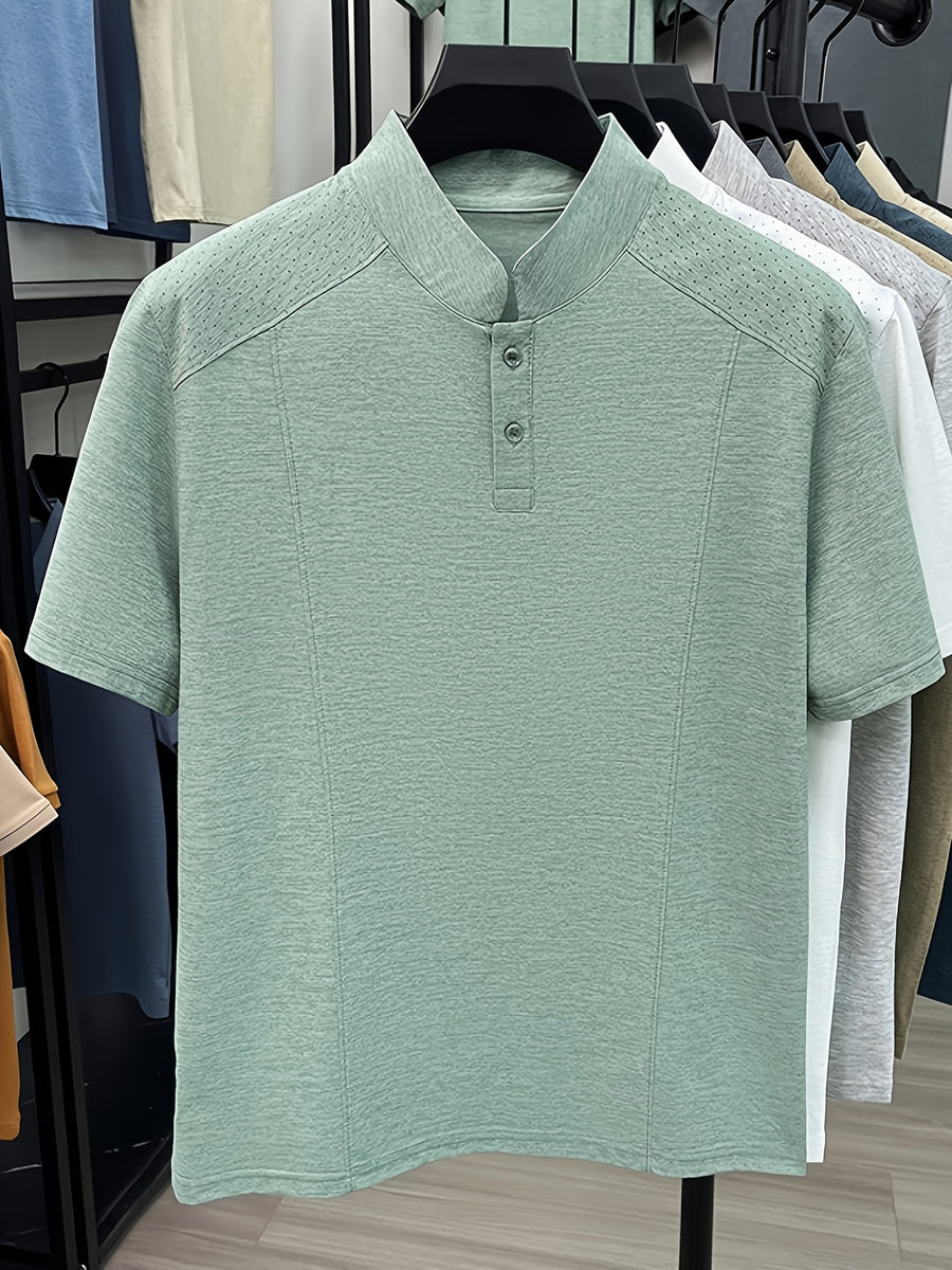 Men's Summer Short-Sleeve Stand Collar T-Shirt - Breathable Small Base Layer Shirt, Solid Color Business Casual Top Suitable for Daily Work Wear, Machine Washable & Dry Cleanable, Asymmetrical Hem - Green