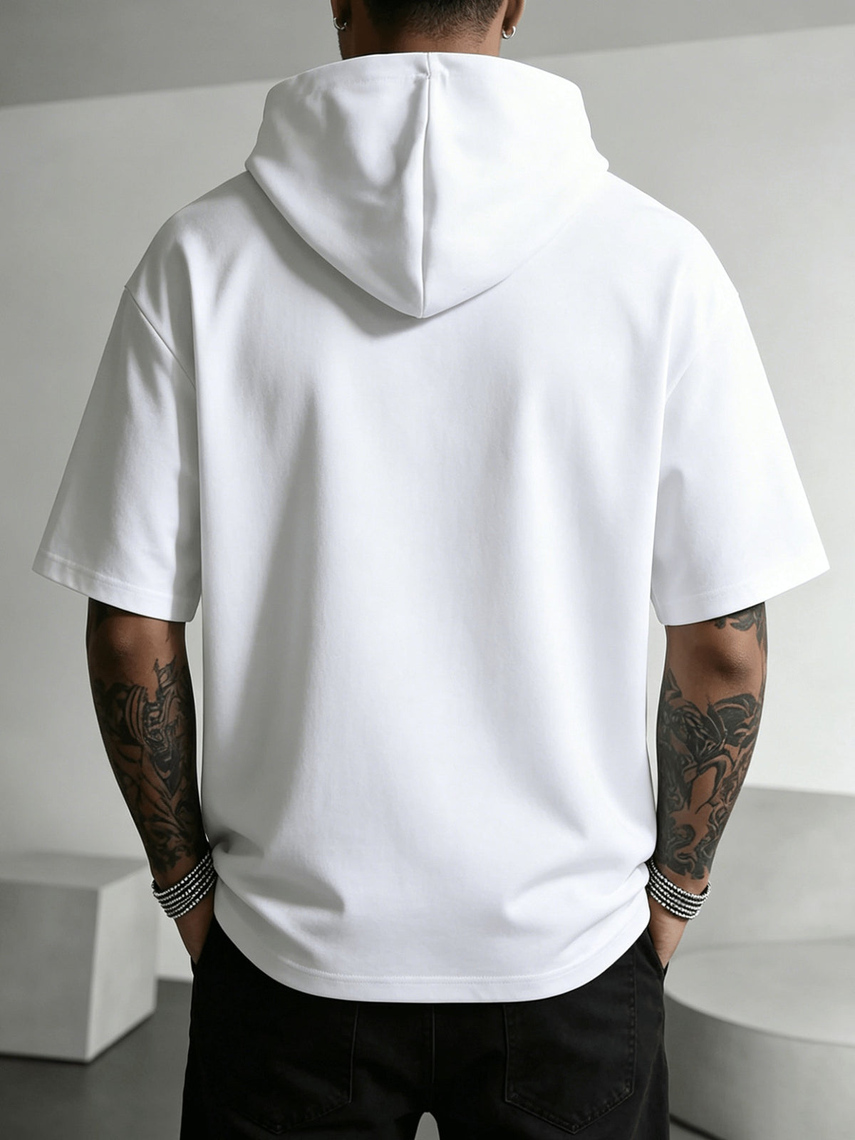 Men'S Print Short-Sleeve Hoodie, Casual Drawstring Hooded Short-Sleeve T-Shirt, Loose Oversized Street Style Casual Wear T-Shirt - White
