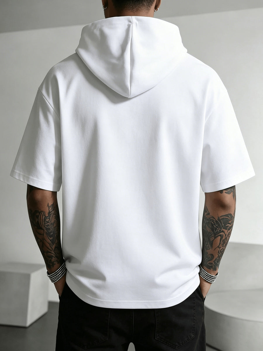 Men'S Print Short-Sleeve Hoodie, Casual Drawstring Hooded Short-Sleeve T-Shirt, Loose Oversized Street Style Casual Wear T-Shirt - White